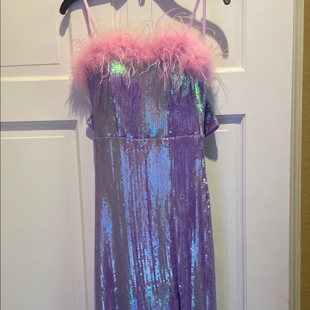 Honey and Rosie Purple Sequin Prom Dress with Pink Feather Trim